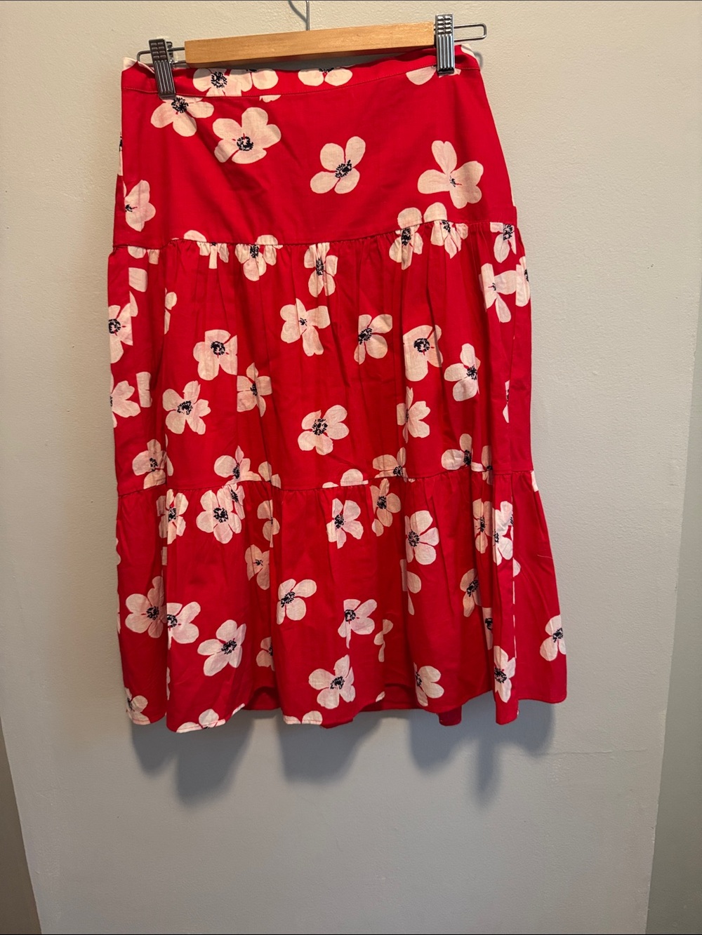 J. Crew Red Tiered Midi Skirt with White Floral Print